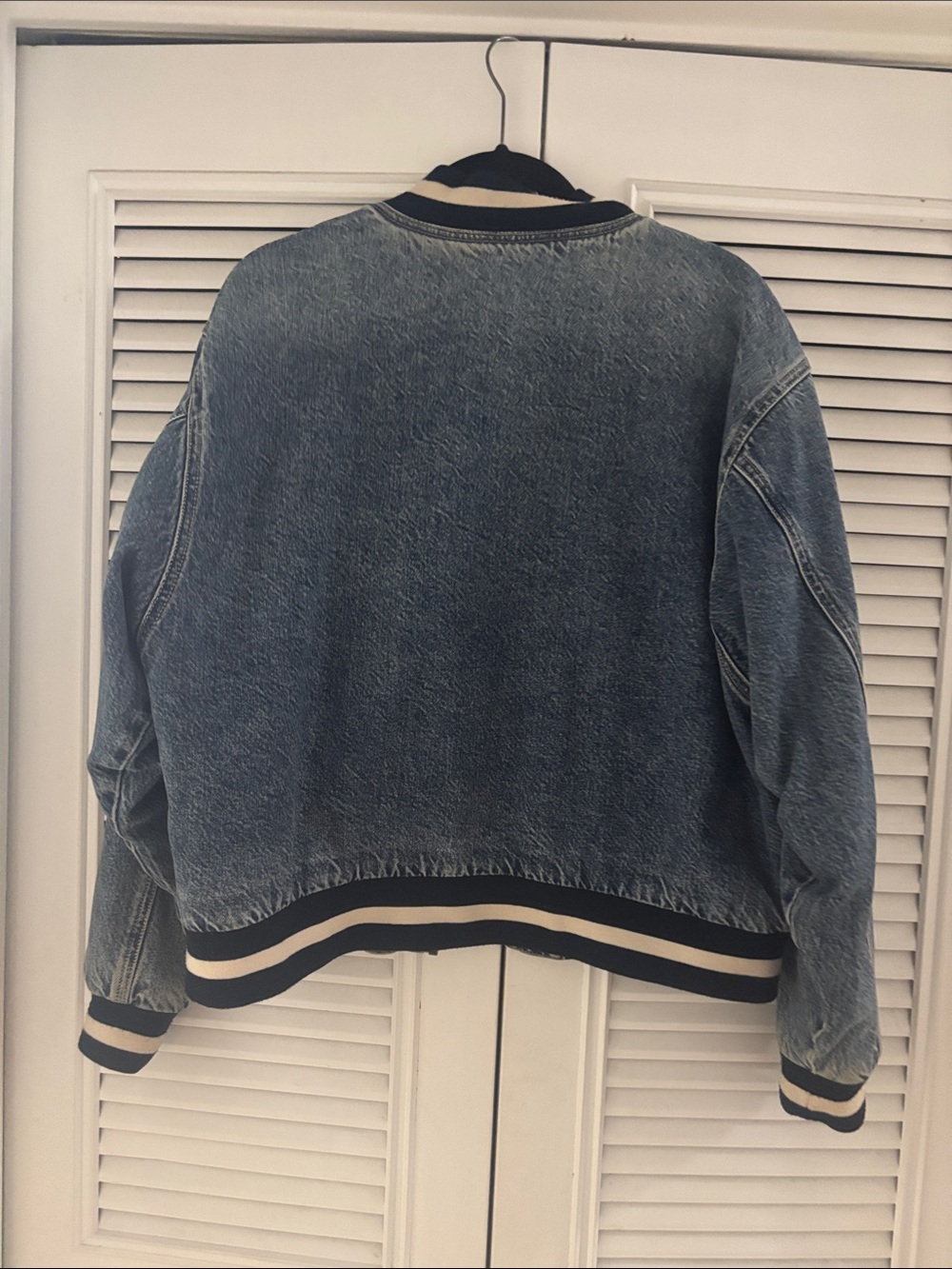 BDG Light Wash Denim Bomber with Navy & Cream Striped Trim - Picture 3 of 3